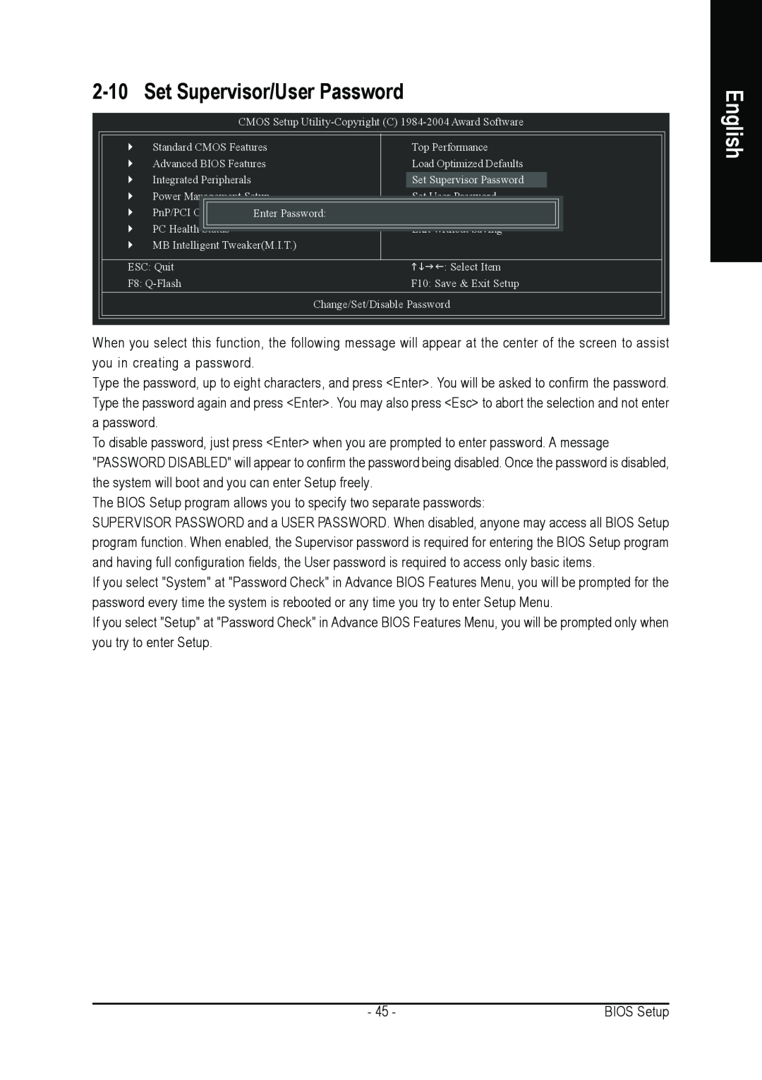 AMD GA-K8NSC-939 user manual 2-10, Set Supervisor/User Password, English 