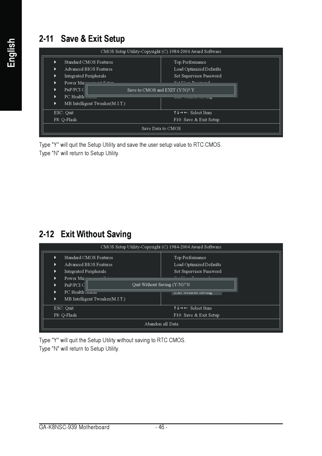 AMD GA-K8NSC-939 user manual Save & Exit Setup, Exit Without Saving, English 