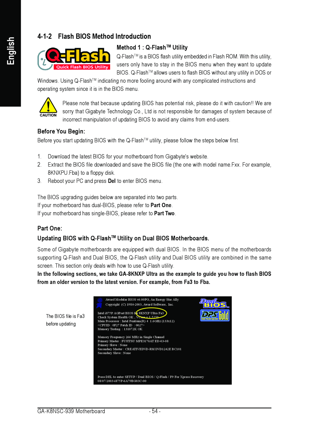 AMD GA-K8NSC-939 Flash BIOS Method Introduction, Method 1 Q-FlashTM Utility, Before You Begin, Part One, English 