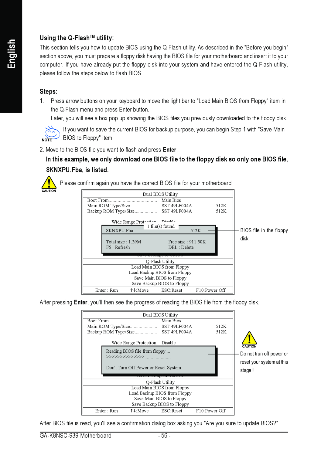 AMD GA-K8NSC-939 user manual Using the Q-FlashTM utility, Steps, English, disk, stage 
