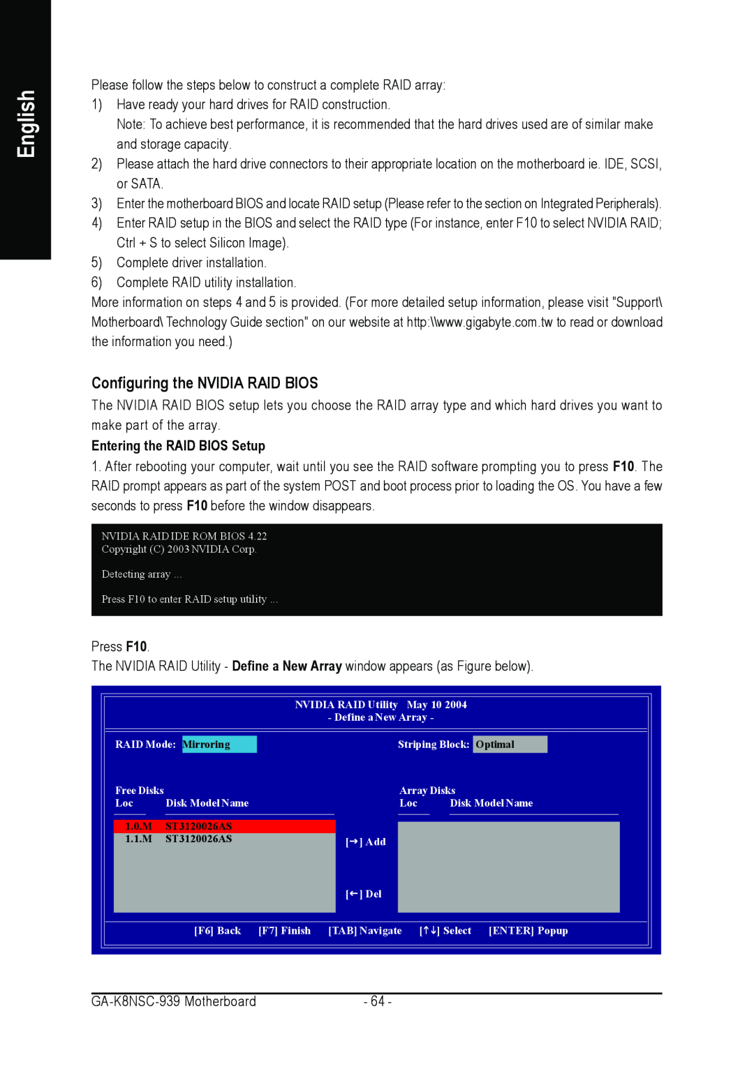 AMD GA-K8NSC-939 user manual Configuring the NVIDIA RAID BIOS, English, Entering the RAID BIOS Setup 