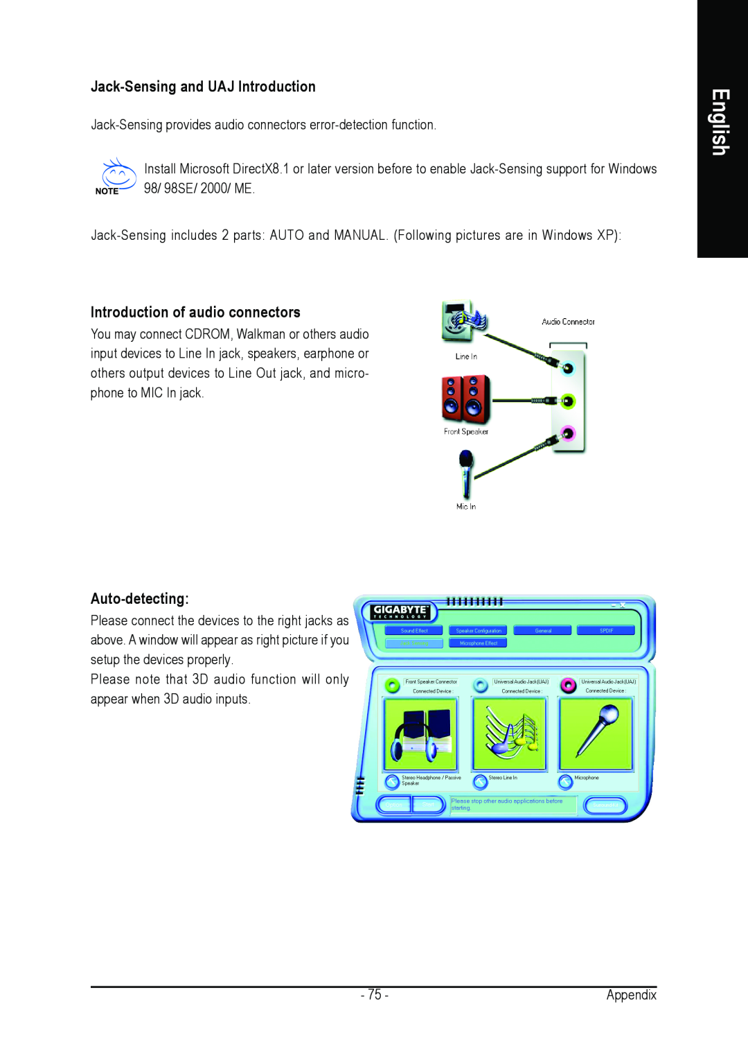 AMD GA-K8NSC-939 user manual Jack-Sensing and UAJ Introduction, Introduction of audio connectors, Auto-detecting, English 