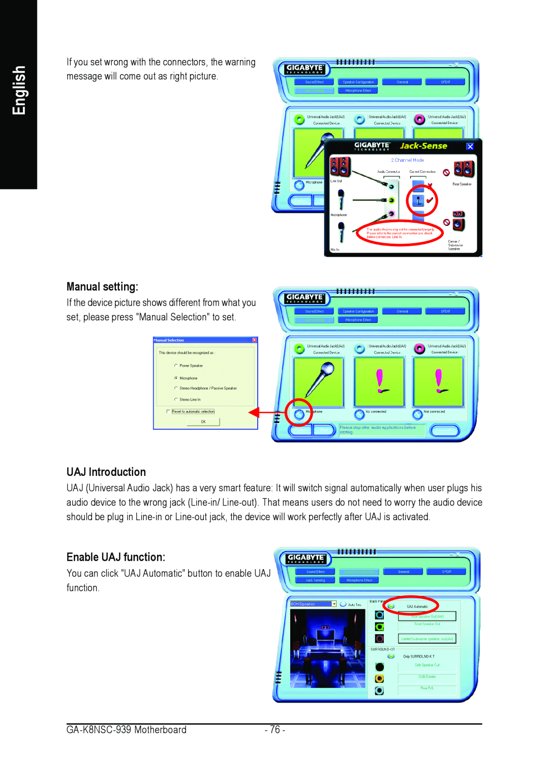 AMD GA-K8NSC-939 user manual Manual setting, UAJ Introduction, Enable UAJ function, English 