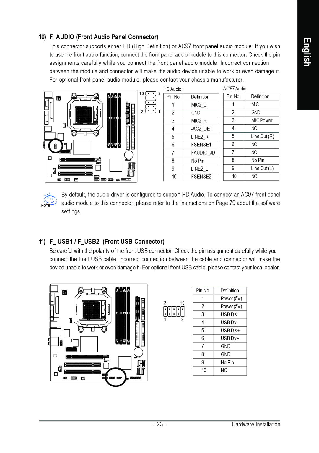 AMD GA-M51GM-S2G user manual Faudio Front Audio Panel Connector, USB1 / FUSB2 Front USB Connector 