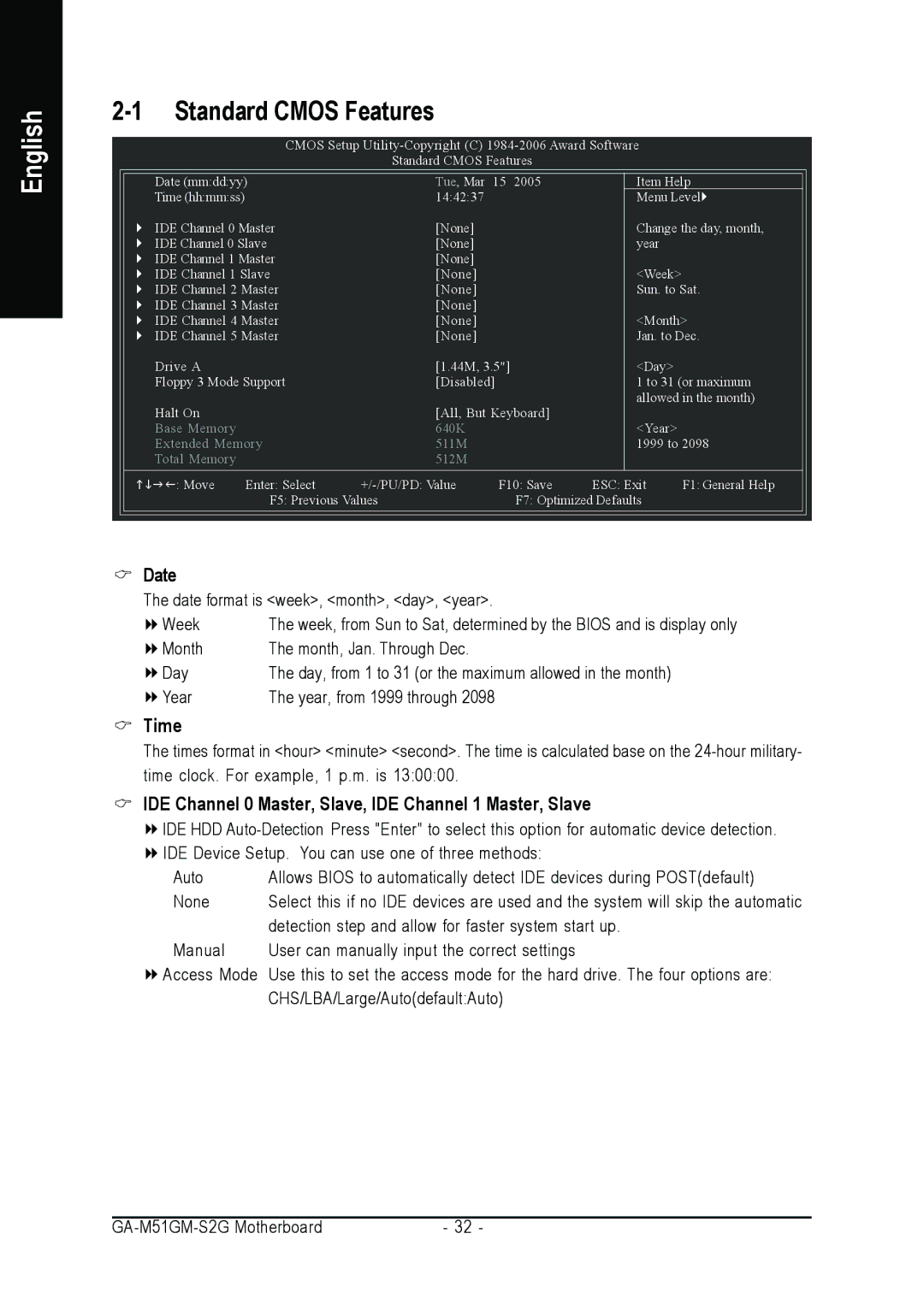 AMD GA-M51GM-S2G user manual Time, IDE Channel 0 Master, Slave, IDE Channel 1 Master, Slave 