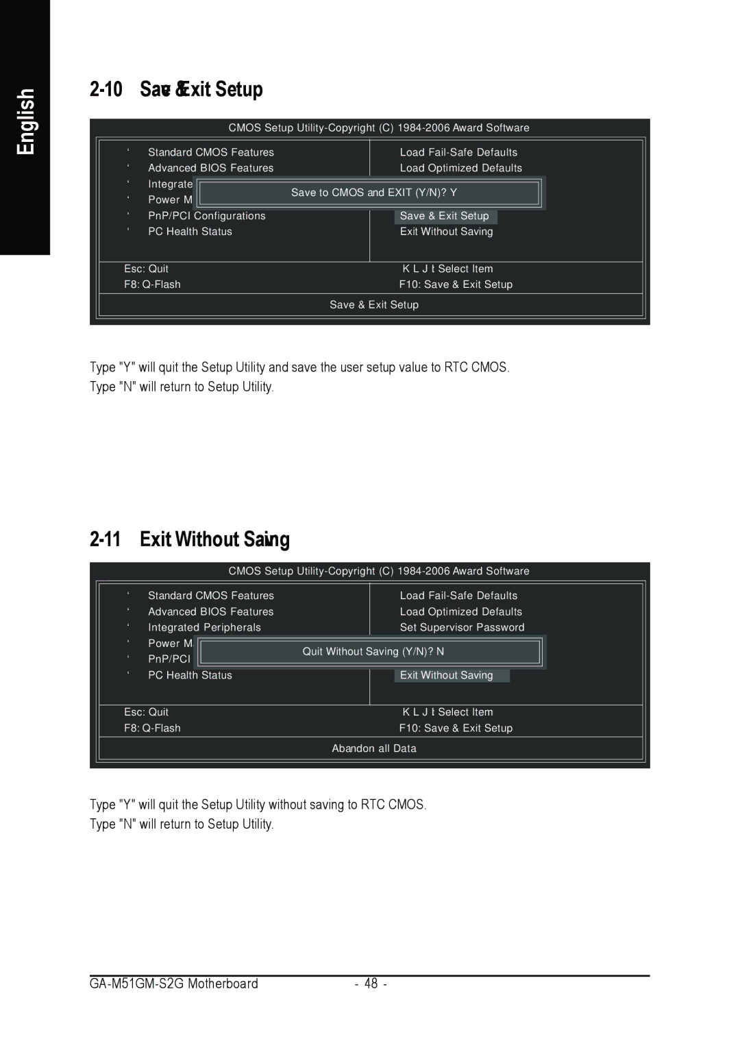 AMD GA-M51GM-S2G user manual Save & Exit Setup, Exit Without Saving 