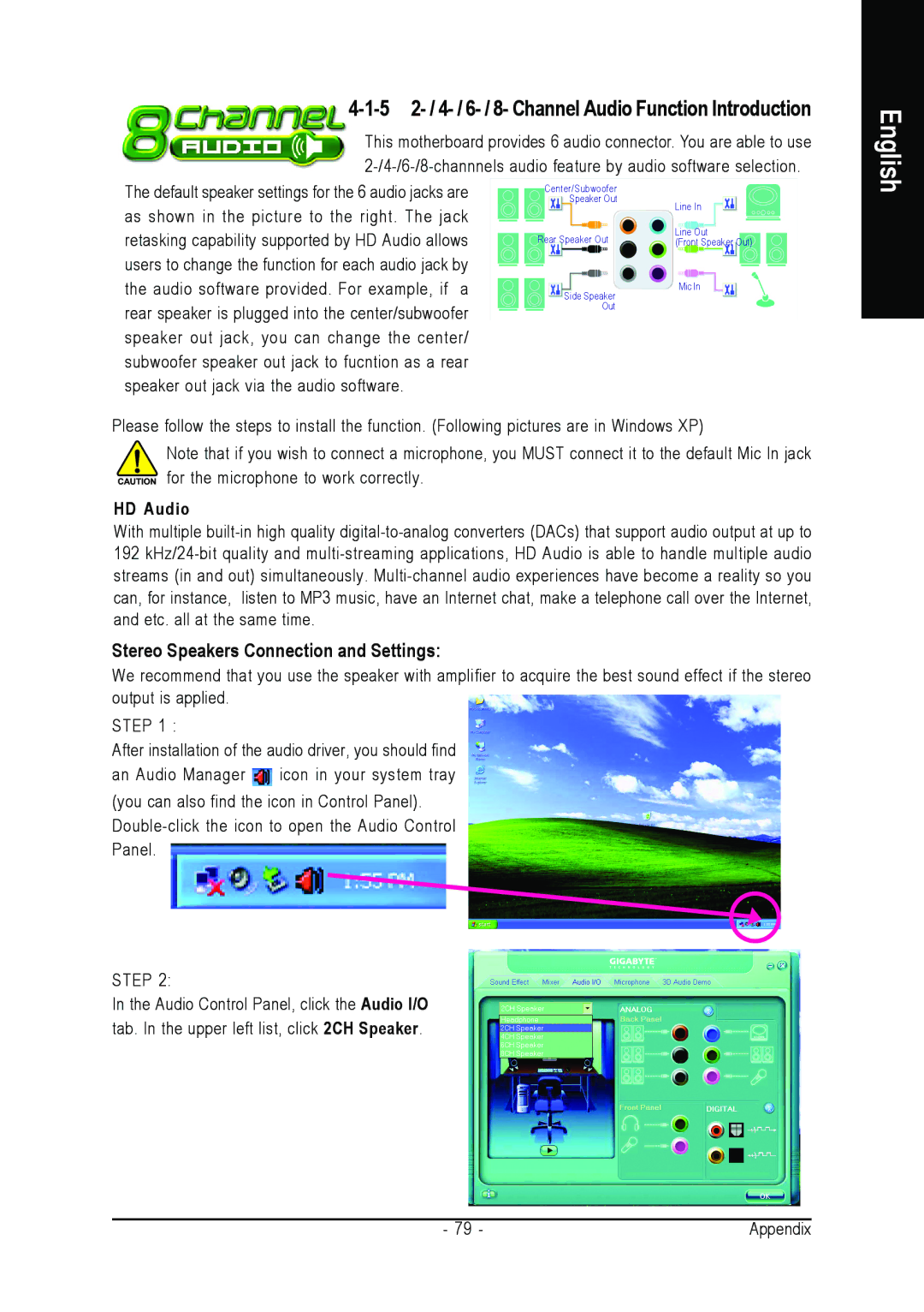 AMD GA-M51GM-S2G 5 2- / 4- / 6- / 8- Channel Audio Function Introduction, Stereo Speakers Connection and Settings 