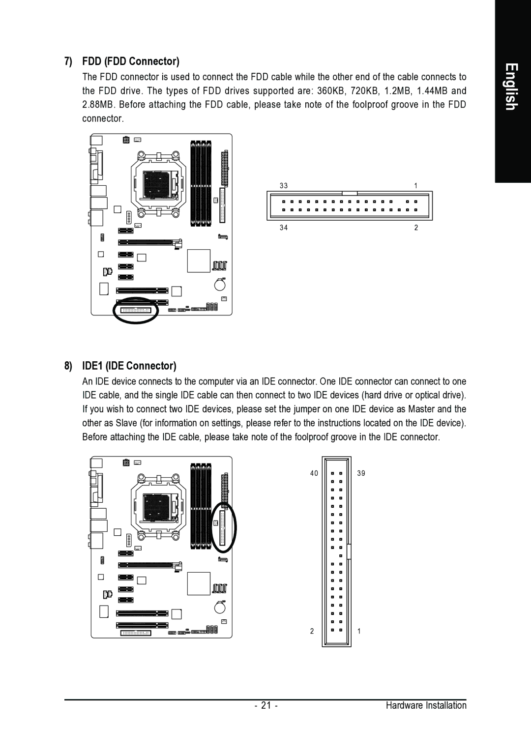 AMD GA-M55S-S3 user manual FDD FDD Connector, IDE1 IDE Connector 