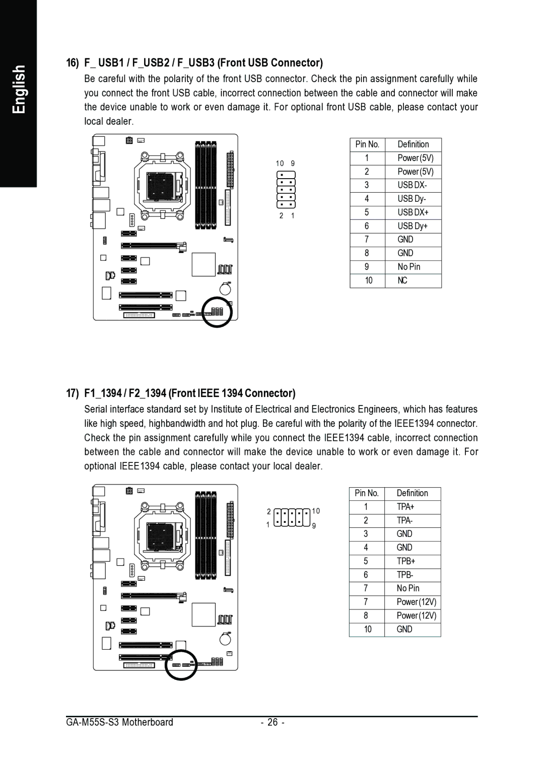 AMD GA-M55S-S3 user manual USB1 / FUSB2 / FUSB3 Front USB Connector, 17 F11394 / F21394 Front Ieee 1394 Connector 