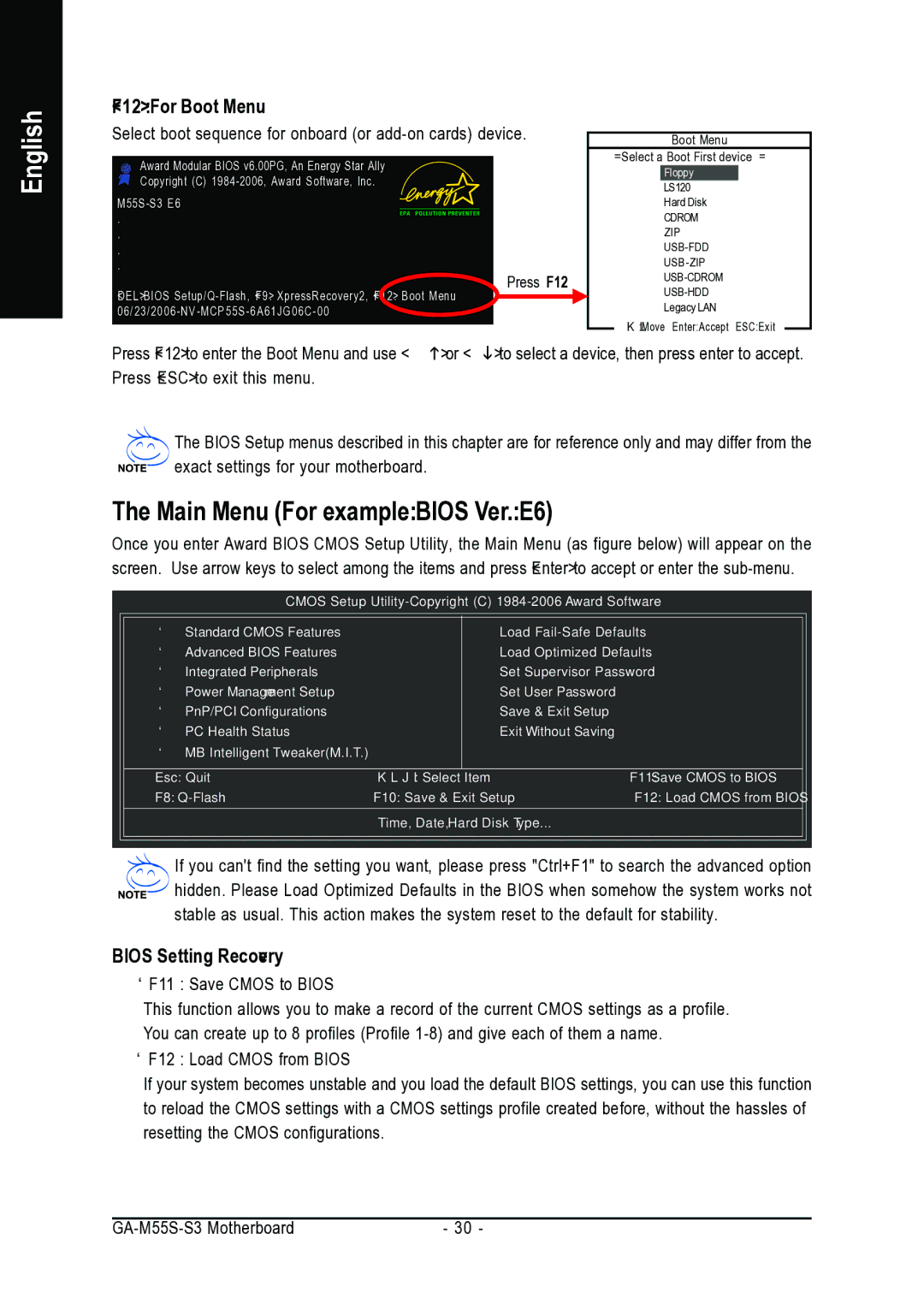 AMD GA-M55S-S3 user manual Main Menu For example Bios Ver. E6, F12 For Boot Menu, Bios Setting Recovery 