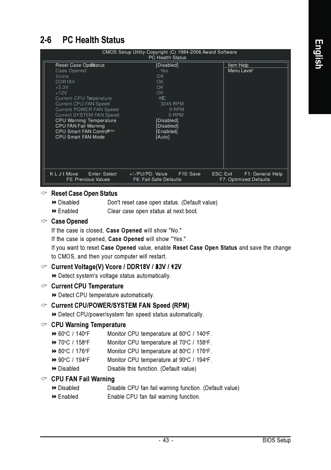 AMD GA-M55S-S3 Case Opened, Current VoltageV Vcore / DDR18V / +3.3V / +12V, Current CPU Temperature, CPU FAN Fail Warning 