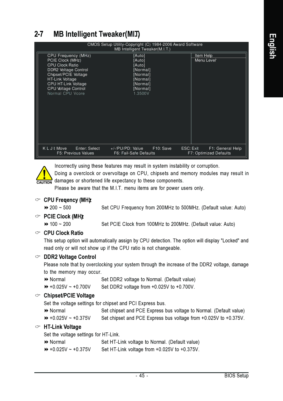 AMD GA-M55S-S3 user manual CPU Frequency MHz, Pcie Clock MHz, CPU Clock Ratio, DDR2 Voltage Control, Chipset/PCIE Voltage 