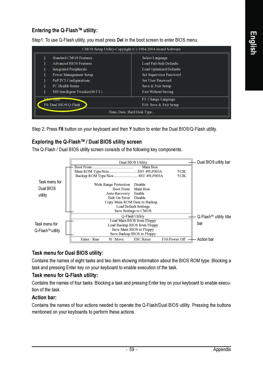 AMD GA-M55S-S3 user manual Entering the Q-FlashTMutility, Exploring the Q-FlashTM / Dual Bios utility screen, Action bar 