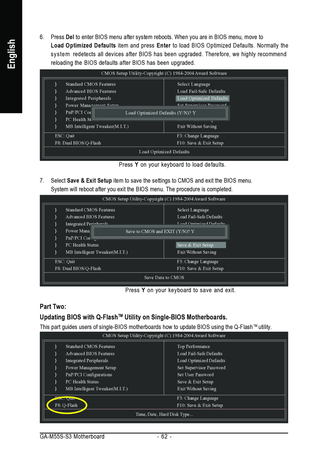 AMD GA-M55S-S3 user manual Press Y on your keyboard to save and exit 