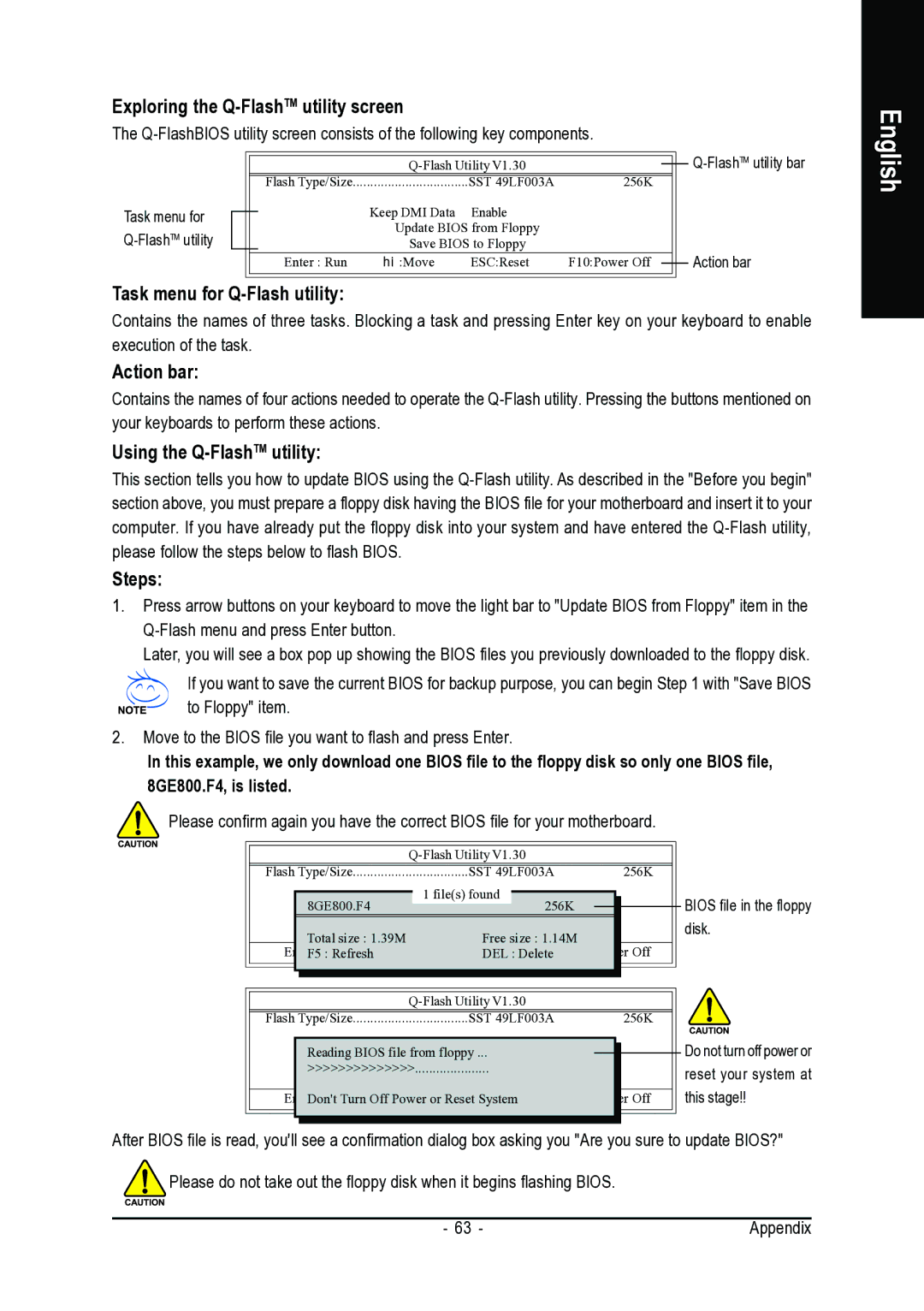 AMD GA-M55S-S3 user manual Exploring the Q-FlashTMutility screen, FlashTMutility bar 