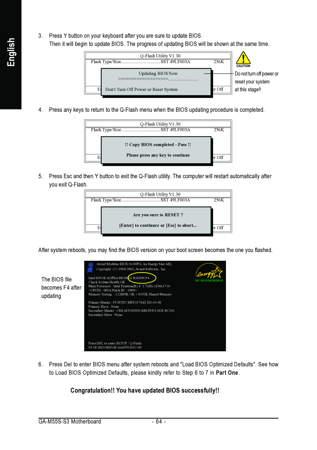 AMD GA-M55S-S3 user manual Congratulation!! You have updated Bios successfully 