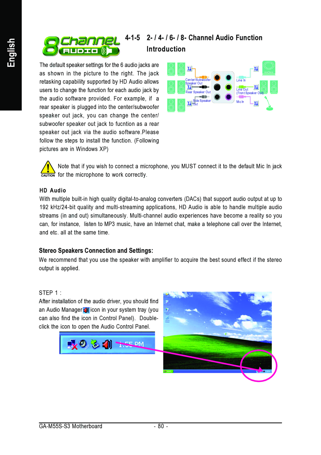 AMD GA-M55S-S3 user manual 5 2- / 4- / 6- / 8- Channel Audio Function Introduction, Stereo Speakers Connection and Settings 