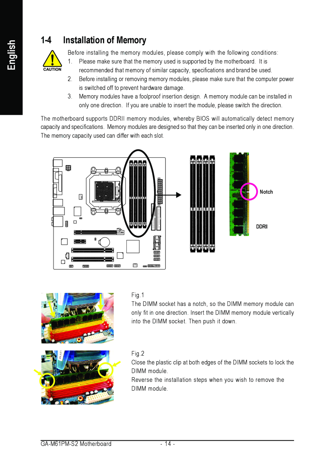 AMD GA-M61PM-S2 user manual Installation of Memory 