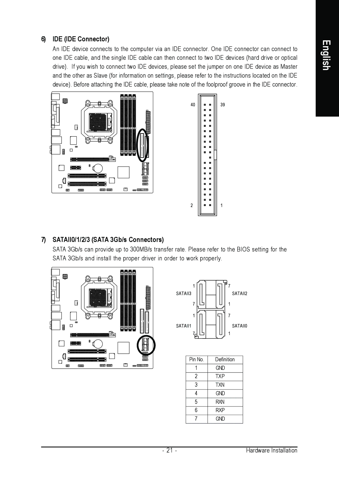 AMD GA-M61PM-S2 user manual IDE IDE Connector, SATAII0/1/2/3 Sata 3Gb/s Connectors 