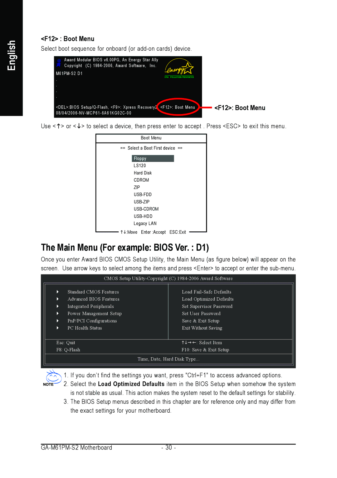 AMD GA-M61PM-S2 user manual Main Menu For example Bios Ver. D1, F12 Boot Menu 