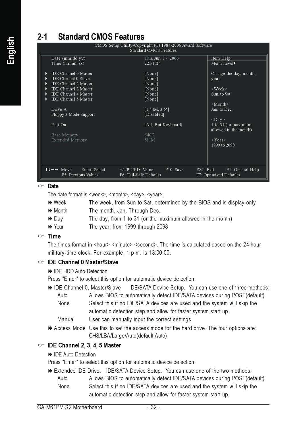 AMD GA-M61PM-S2 user manual Date, Time, IDE Channel 0 Master/Slave, IDE Channel 2, 3, 4, 5 Master 