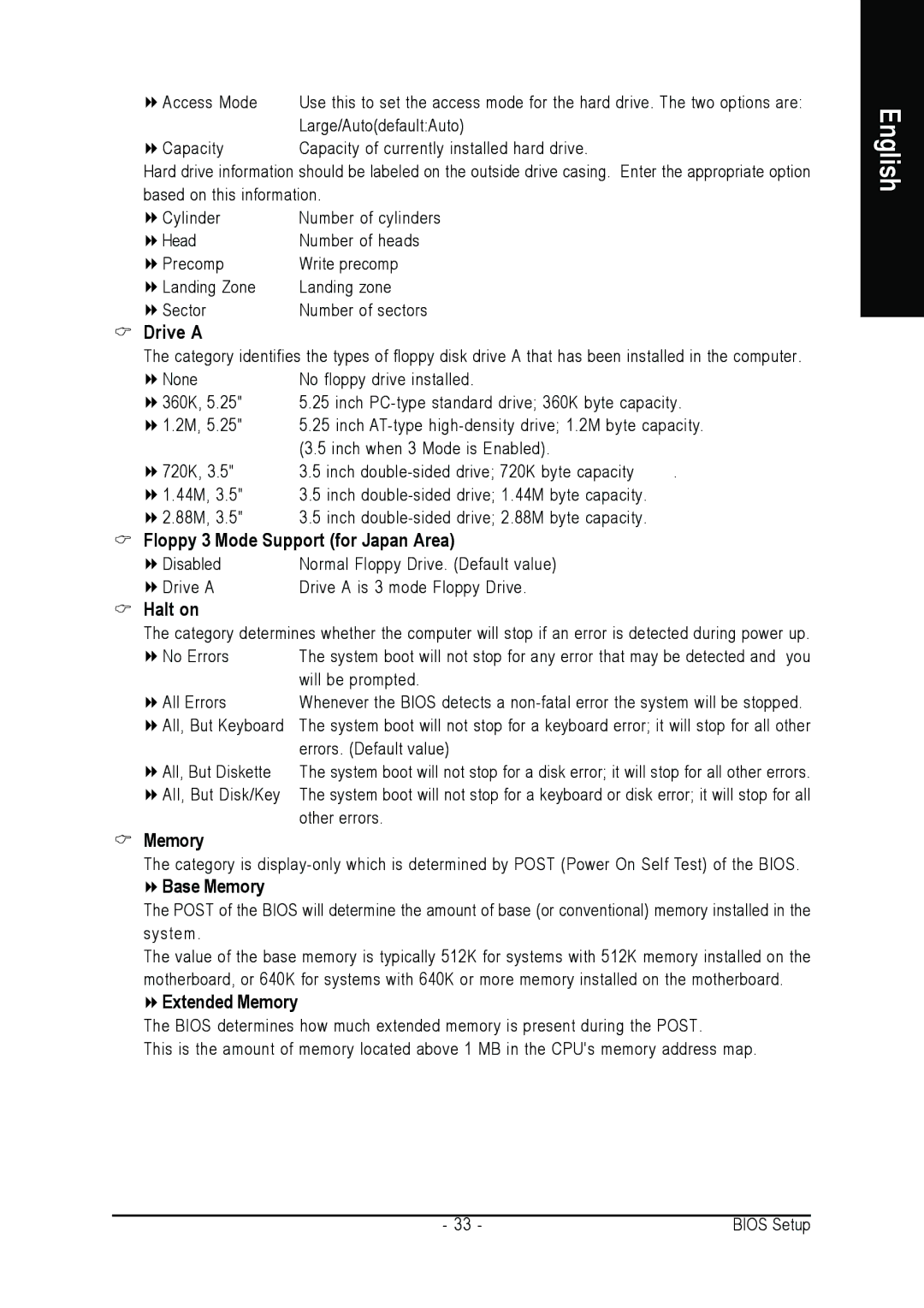 AMD GA-M61PM-S2 user manual Drive a, Floppy 3 Mode Support for Japan Area, Halt on, Base Memory, Extended Memory 