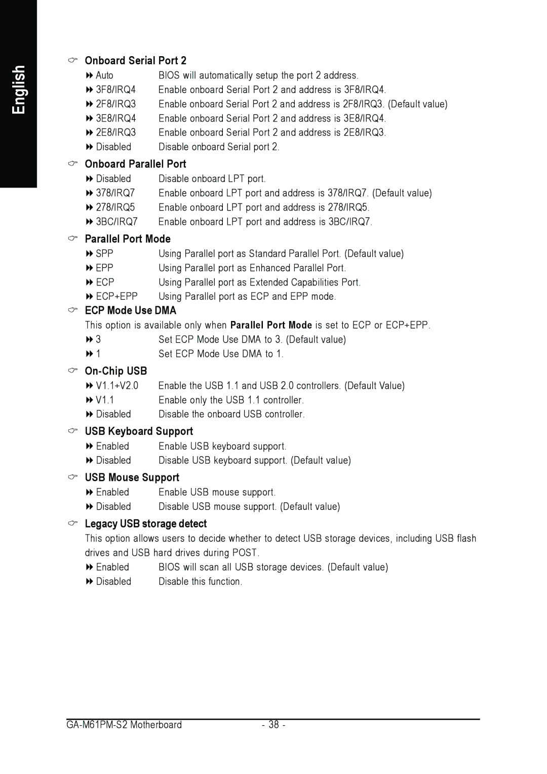 AMD GA-M61PM-S2 user manual Onboard Parallel Port, Parallel Port Mode, ECP Mode Use DMA, On-Chip USB, USB Keyboard Support 