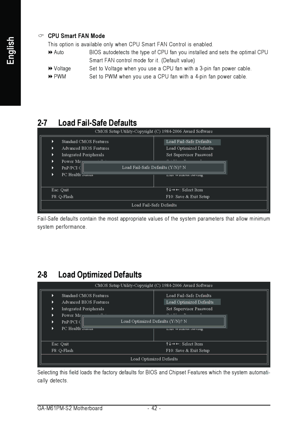 AMD GA-M61PM-S2 user manual Load Fail-Safe Defaults, CPU Smart FAN Mode 