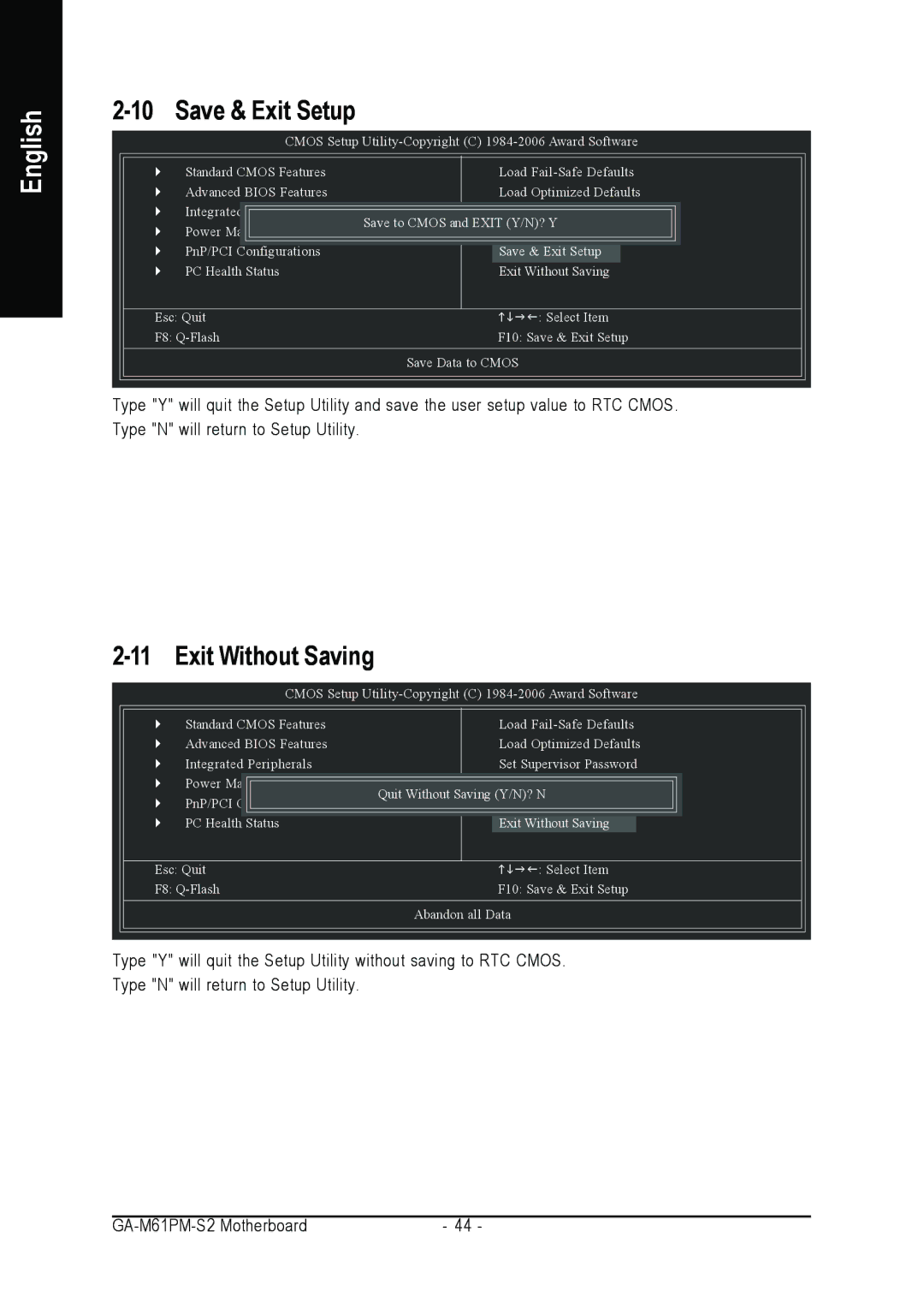 AMD GA-M61PM-S2 user manual Save & Exit Setup, Exit Without Saving 