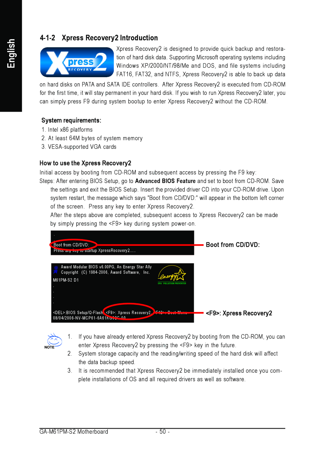 AMD GA-M61PM-S2 Xpress Recovery2 Introduction, System requirements, How to use the Xpress Recovery2, Boot from CD/DVD 