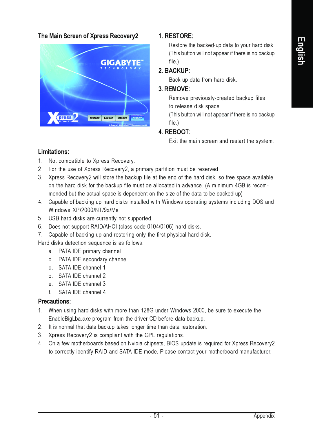 AMD GA-M61PM-S2 user manual Main Screen of Xpress Recovery2, Limitations, Precautions 