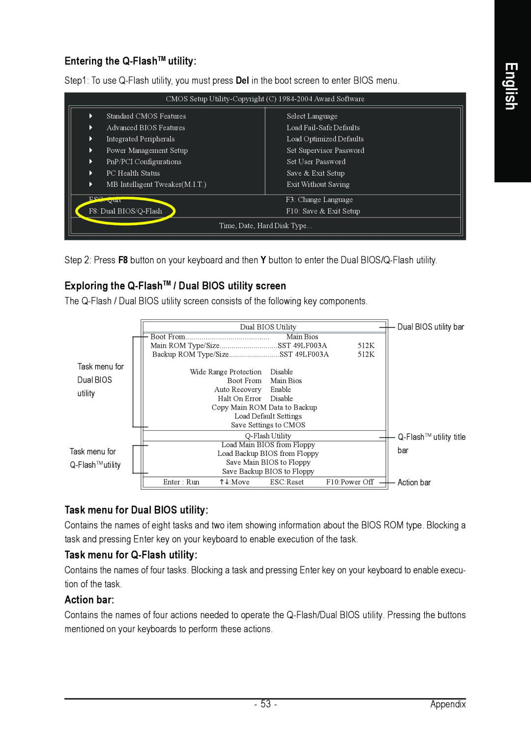 AMD GA-M61PM-S2 user manual Entering the Q-FlashTMutility, Exploring the Q-FlashTM / Dual Bios utility screen, Action bar 