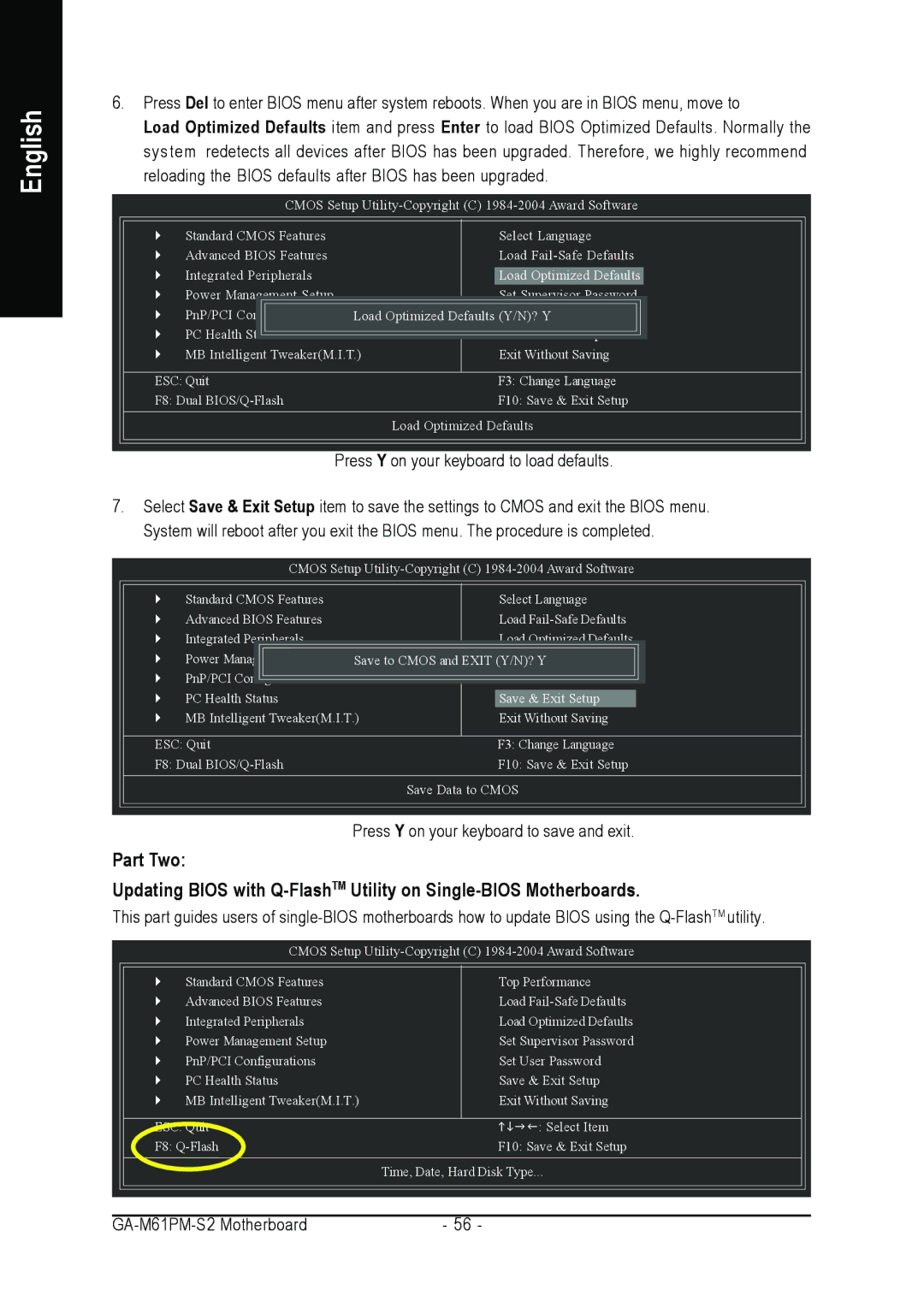 AMD GA-M61PM-S2 user manual Part Two, Press Y on your keyboard to load defaults 