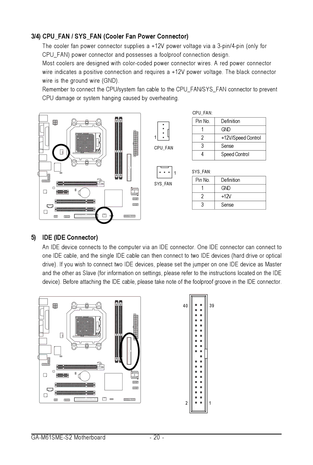 AMD GA-M61SME-S2 user manual Cpufan / Sysfan Cooler Fan Power Connector, IDE IDE Connector 