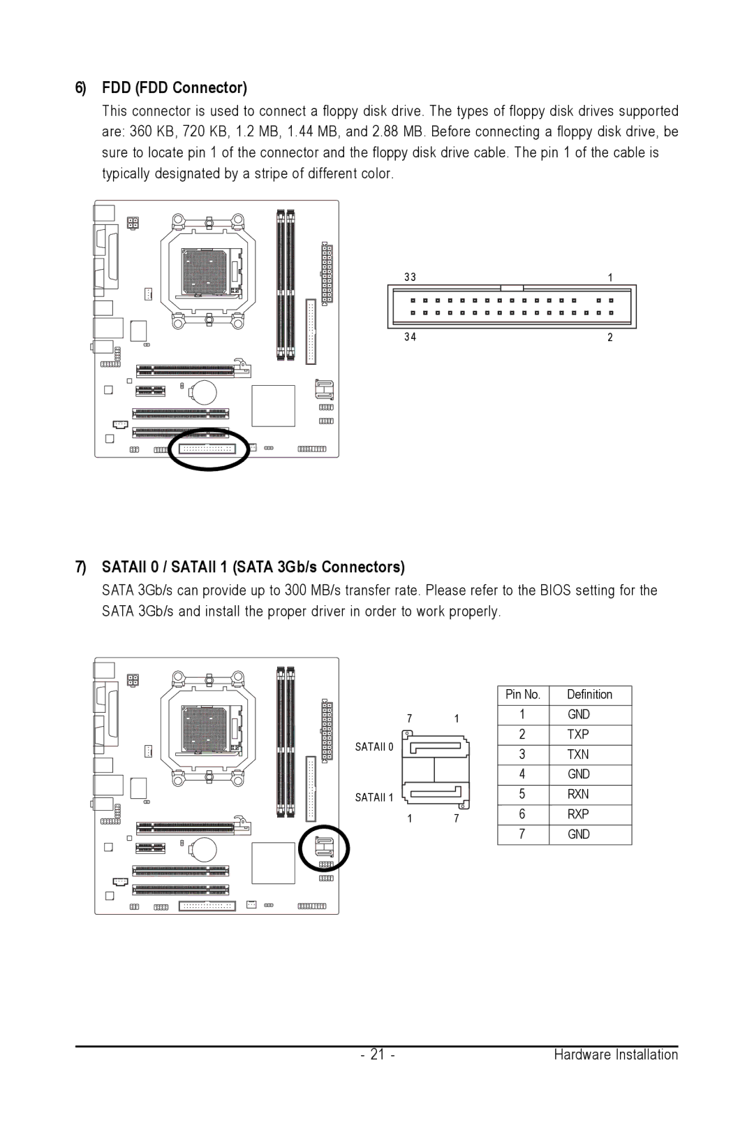 AMD GA-M61SME-S2 user manual FDD FDD Connector, Sataii 0 / Sataii 1 Sata 3Gb/s Connectors 