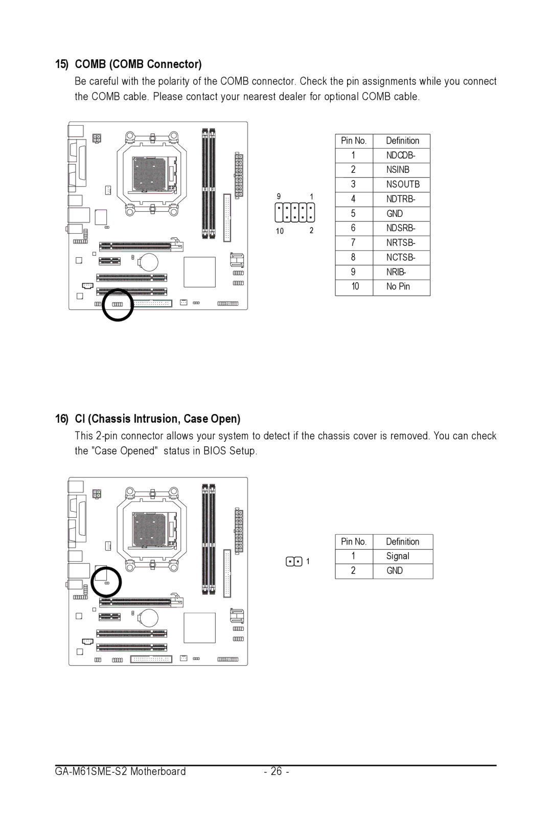 AMD GA-M61SME-S2 user manual Comb Comb Connector, CI Chassis Intrusion, Case Open 