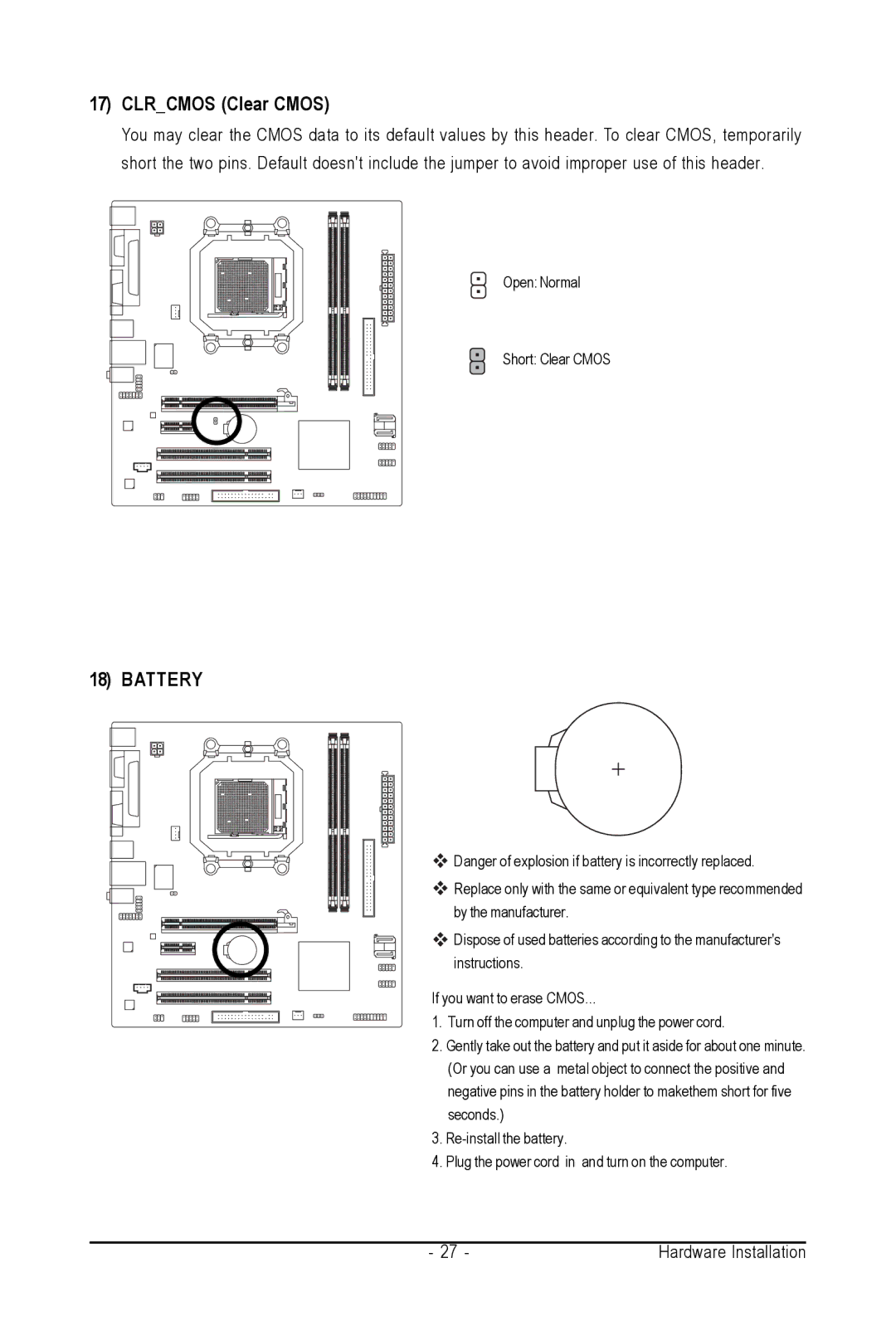 AMD GA-M61SME-S2 user manual Clrcmos Clear Cmos, Battery 