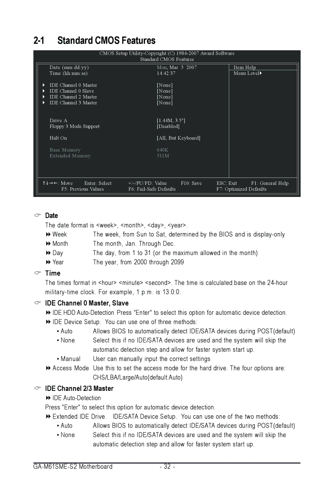 AMD GA-M61SME-S2 user manual Time, IDE Channel 0 Master, Slave, IDE Channel 2/3 Master 