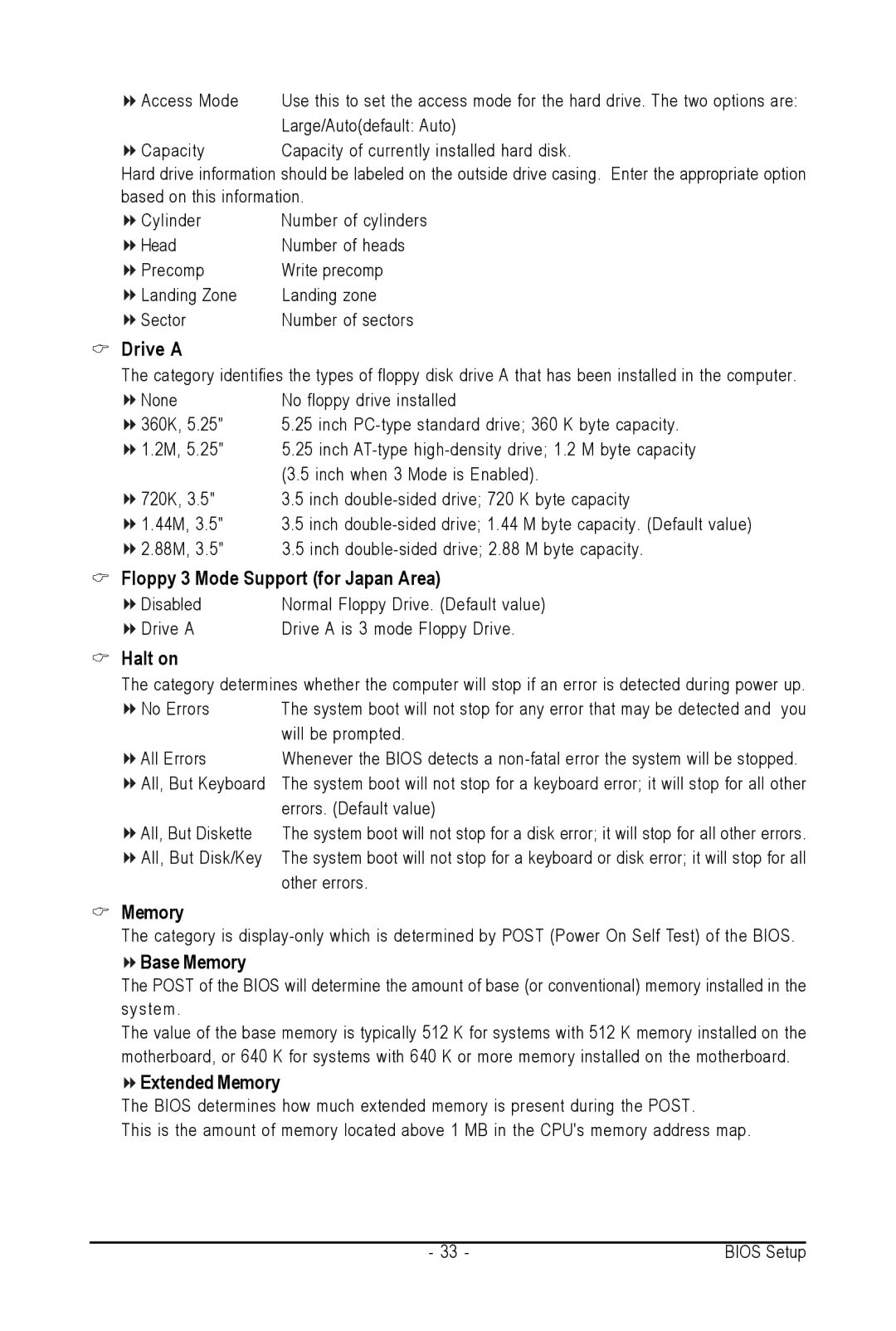 AMD GA-M61SME-S2 user manual Drive a, Floppy 3 Mode Support for Japan Area, Halt on, Base Memory, Extended Memory 