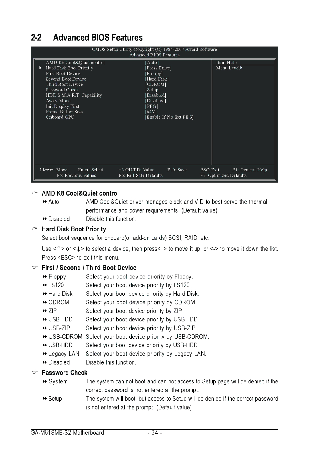 AMD GA-M61SME-S2 user manual Hard Disk Boot Priority, First / Second / Third Boot Device, Password Check 