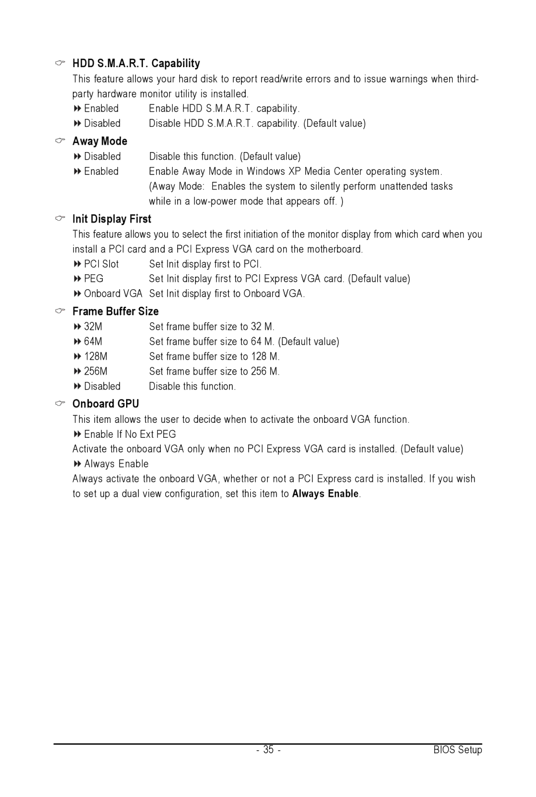 AMD GA-M61SME-S2 user manual HDD S.M.A.R.T. Capability, Away Mode, Init Display First, Frame Buffer Size, Onboard GPU 