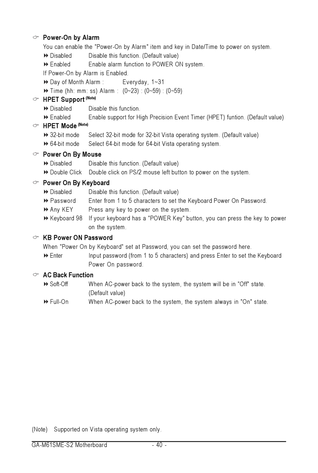 AMD GA-M61SME-S2 user manual Power-On by Alarm, Hpet Support Note, Hpet Mode Note, Power On By Mouse, Power On By Keyboard 