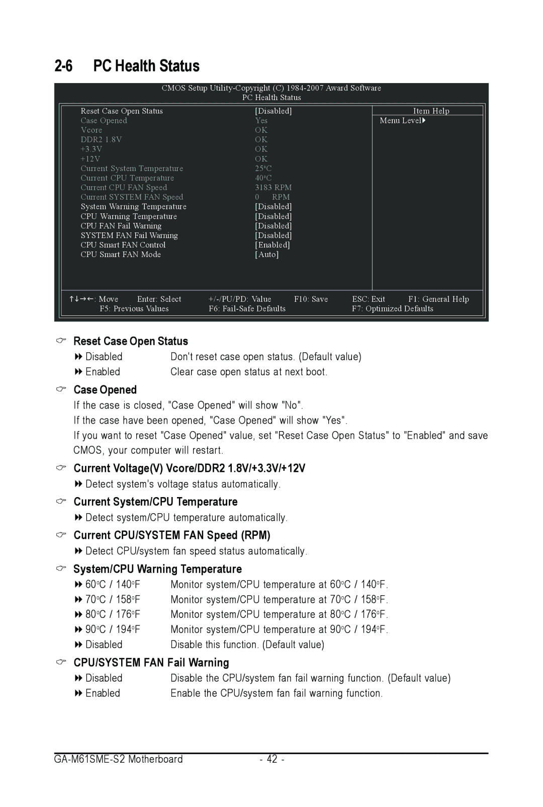 AMD GA-M61SME-S2 user manual Case Opened, Current VoltageV Vcore/DDR2 1.8V/+3.3V/+12V, Current System/CPU Temperature 