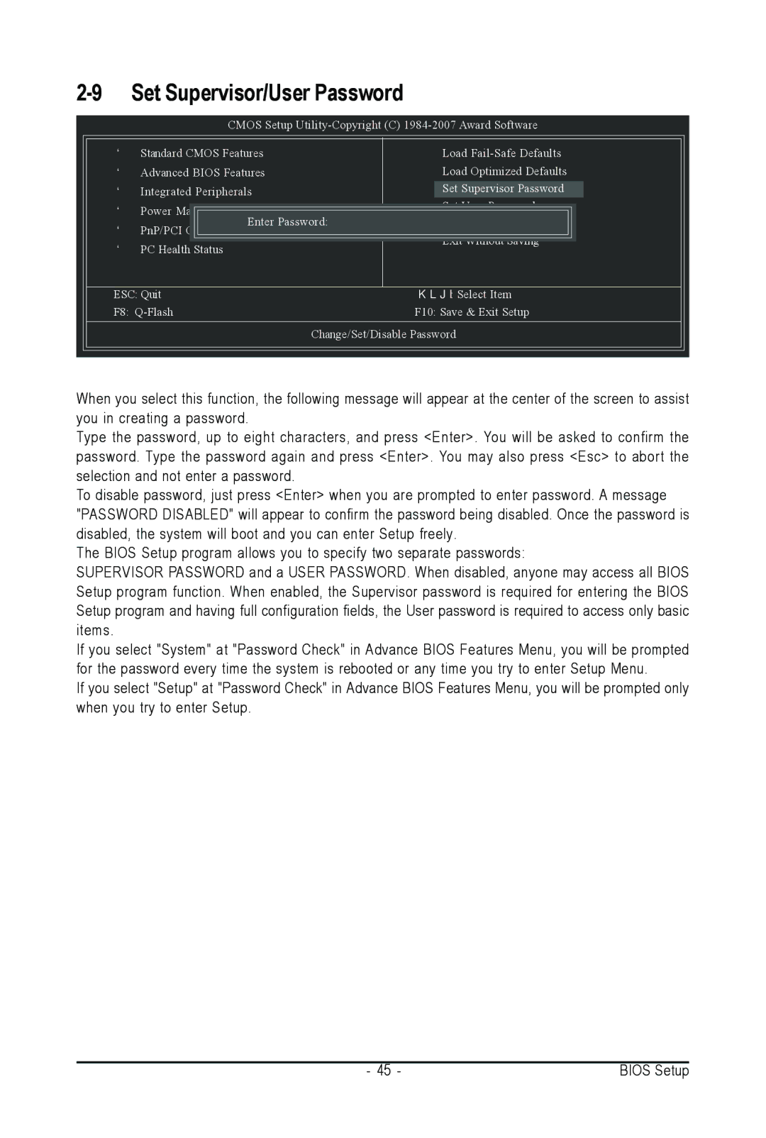 AMD GA-M61SME-S2 user manual Set Supervisor/User Password 