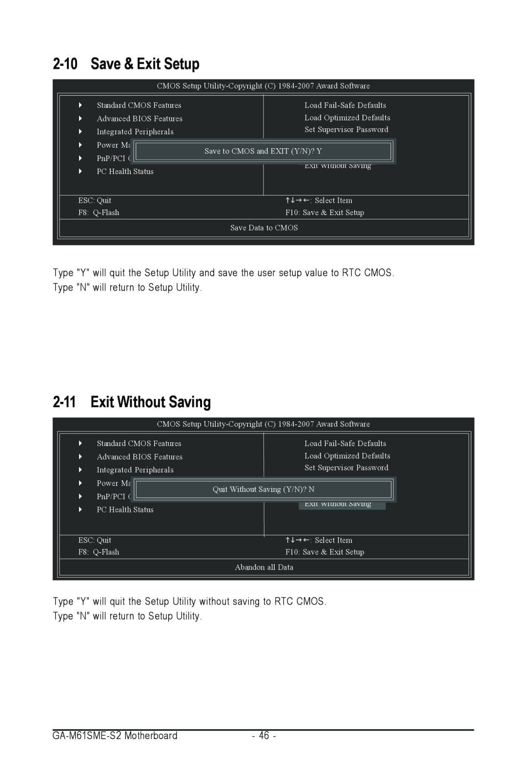 AMD GA-M61SME-S2 user manual Save & Exit Setup, Exit Without Saving 