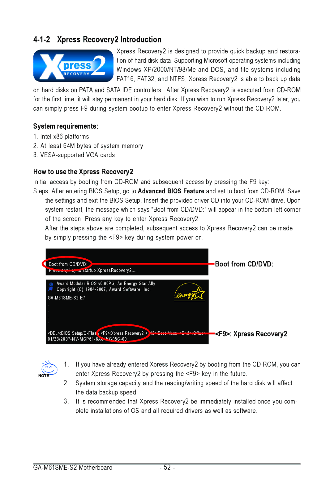 AMD GA-M61SME-S2 Xpress Recovery2 Introduction, System requirements, How to use the Xpress Recovery2, Boot from CD/DVD 