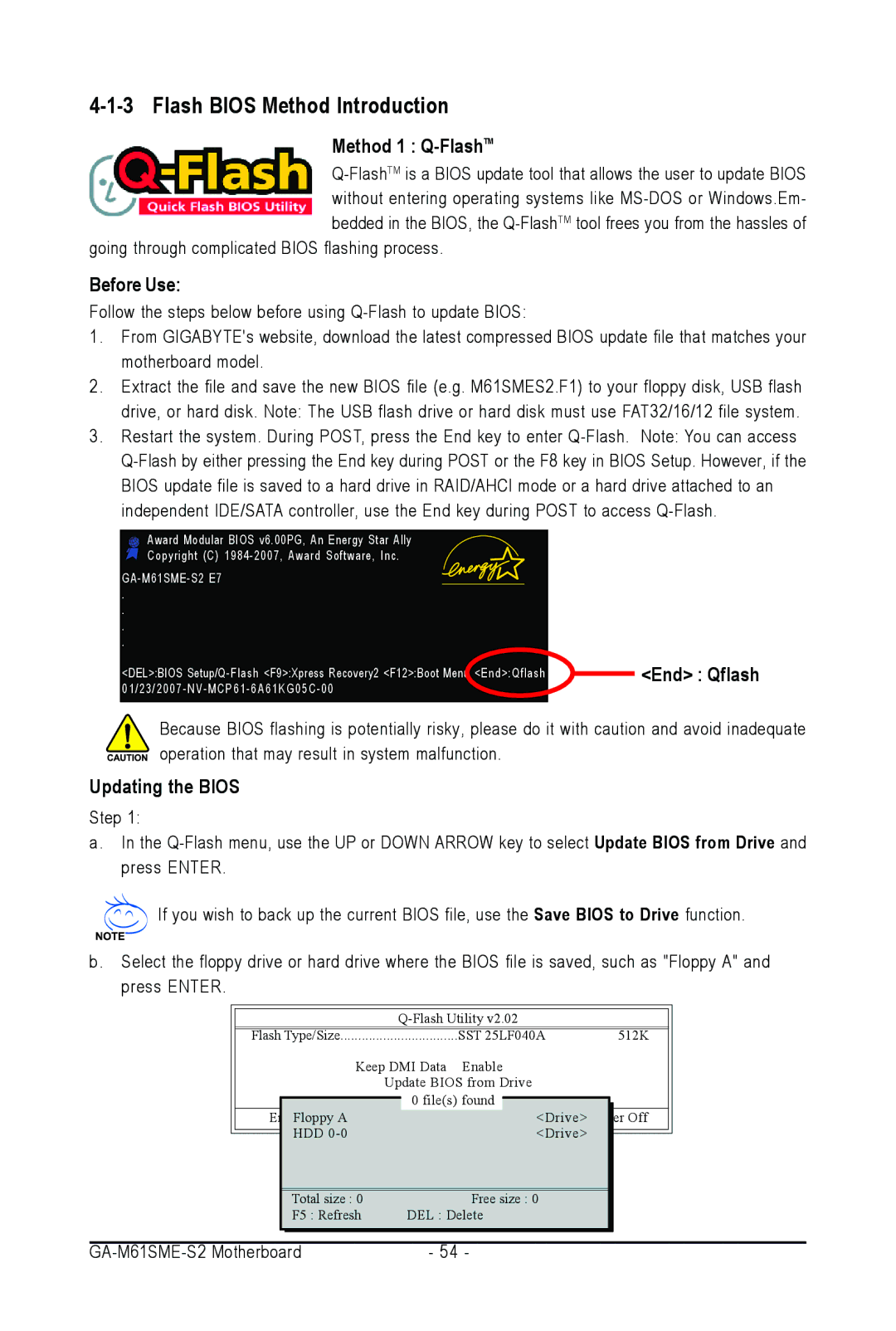 AMD GA-M61SME-S2 user manual Flash Bios Method Introduction, Method 1 Q-FlashTM, Before Use, Updating the Bios 