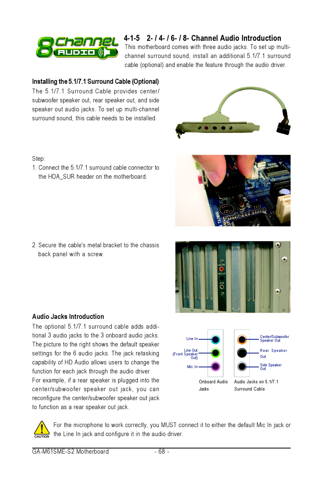 AMD GA-M61SME-S2 user manual 5 2- / 4- / 6- / 8- Channel Audio Introduction, Installing the 5.1/7.1 Surround Cable Optional 