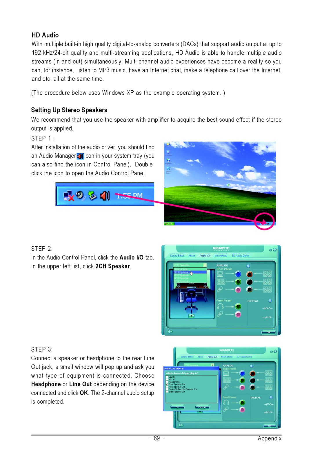 AMD GA-M61SME-S2 user manual HD Audio, Setting Up Stereo Speakers 