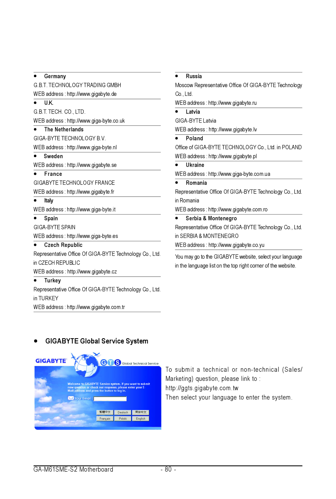 AMD GA-M61SME-S2 user manual Gigabyte Global Service System, Poland Ukraine Romania Serbia & Montenegro 